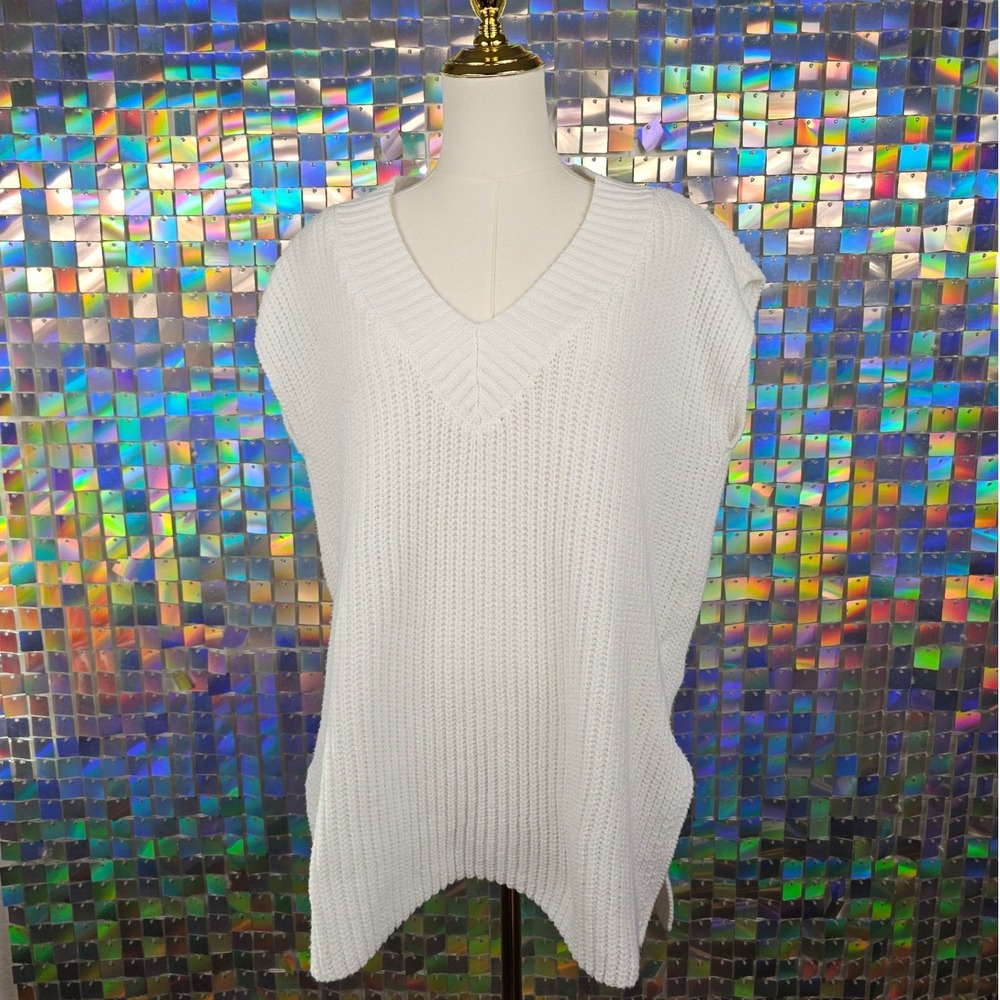 Amaryllis‎ White Chunky Knit V-Neck Sweater Vest Oversized High Low ML - Picture 2 of 7